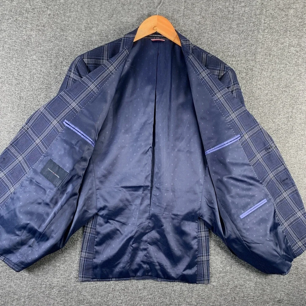 Tommy Hilfiger Linen Blazer Jacket Men 40S Blue Windowpane Plaid Sport Coat